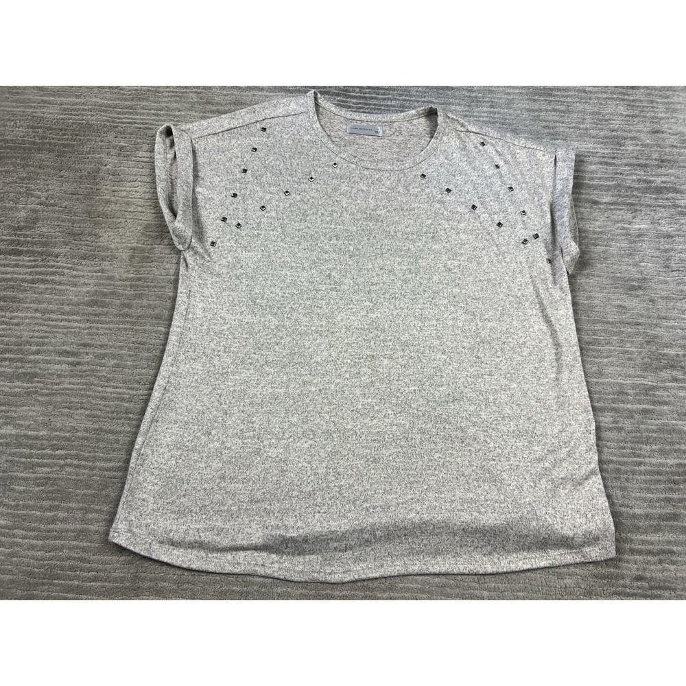 Linda Mathews‎ Top Womens 1X Beige Knit Short Sleeve Studded Casual